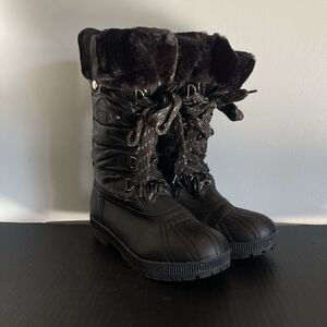 London Fog Women Melton 4 Black Faux Fur Trim Mid Calf Winter Snow Boots Size 10